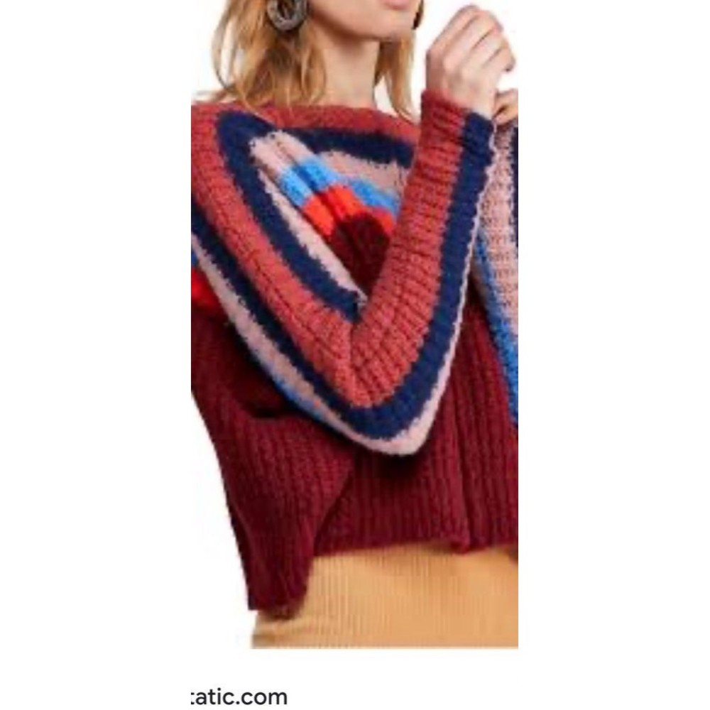 Free People See the Rainbow Burgundy Stripe Dolman Oversized Knit Sweater Size M